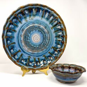 Studio Pottery Plate & Footed Bowl Set Blue Drip Glaze Hand Thrown Textured Art